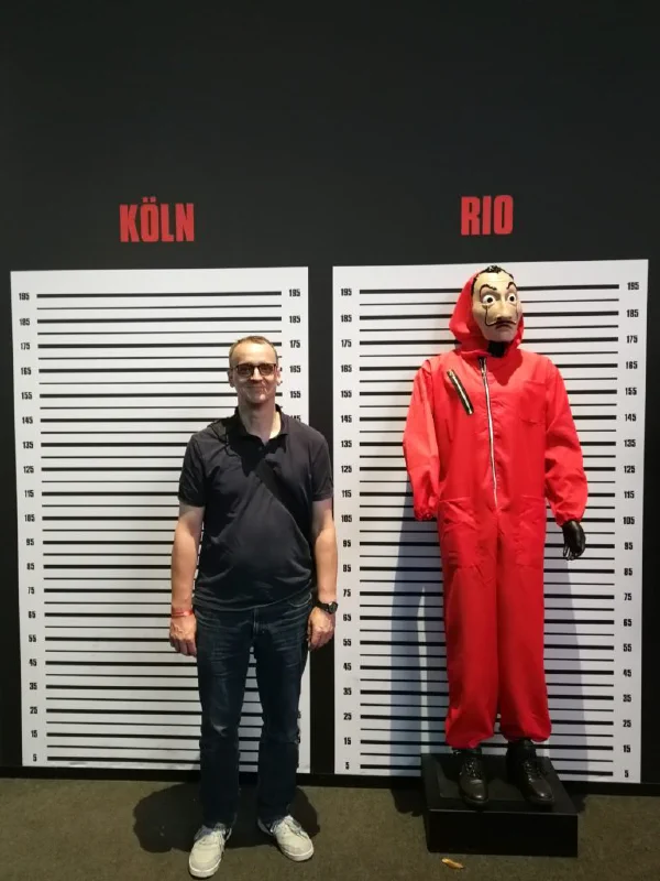 Michael next to a game character